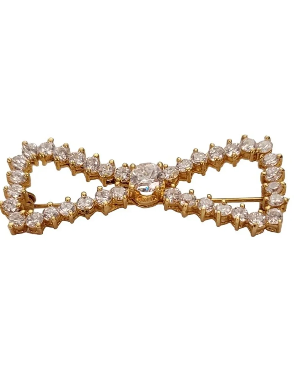 Sterling Silver Gold Vermeil Clear Crystal Rhinestone Bow Brooch Pin E244